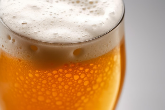 Closeup of frothy beer on a flat white background international beer day