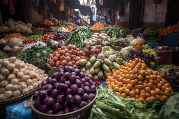 Крупный план фруктов или овощей на оживленном рынке, созданный с помощью генеративного ИИ