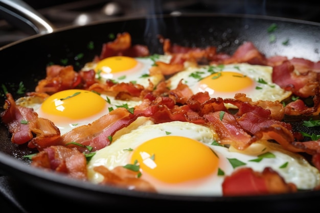 Closeup of frying eggs and bacon in a nonstick pan