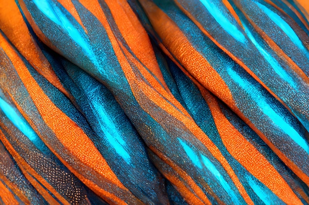 クローズ アップ フルフレーム テクスチャと青とオレンジ色の筋肉のような繊維の背景 ニューラル ネットワーク AI 生成アート