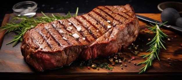 Closeup of a fully cooked New York beef steak from black Angus breeds seasoned with herbs garlic