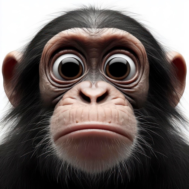 Клоуз-ап Забавный портрет удивленного шимпанзе с огромными глазами на белом фоне широкоугольный снимок