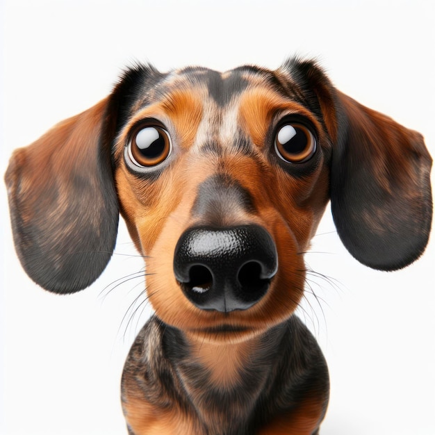 クローズアップ 驚いたダックスフンド犬の面白い肖像画 巨大な目で広角で撮影された