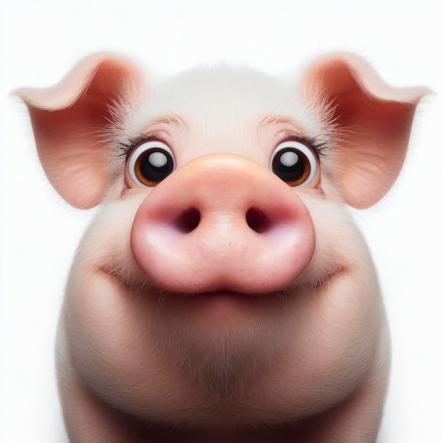 Closeup Funny Portrait of surprised fat pig with Huge Eyes on solid white background wide angle shot ai generative