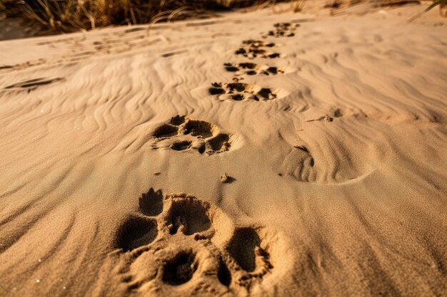 A closeup of fur footprints on a sandy beach created with generative ai