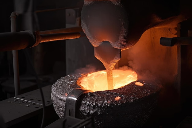 Closeup of a furnace with molten metal being poured into molds