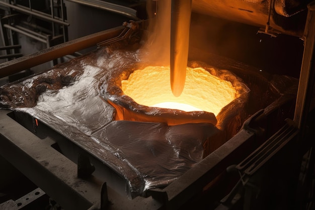 Closeup of a furnace with molten metal being poured into molds