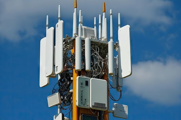 Primo piano della torre ag con cavi e antenne che si collegano alla rete