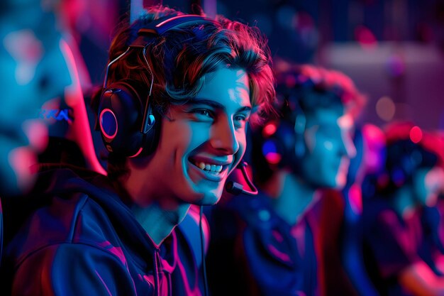 Closeup of a gamer in an arcade with his friends playing online Concept Streaming gaming