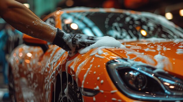 Closeup gand washing an orange sportscar