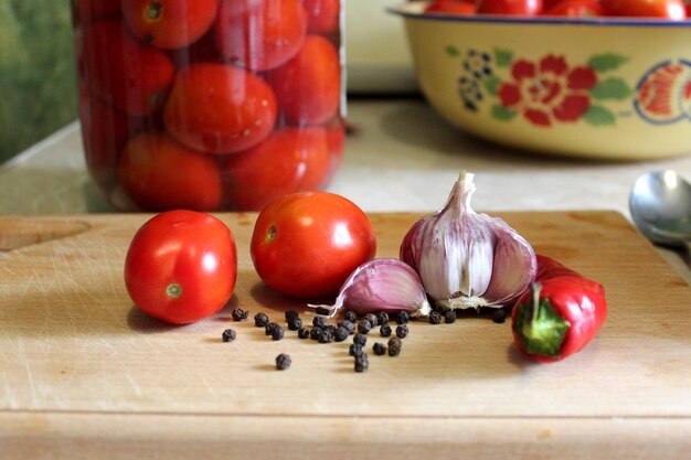 Closeup of garlic tomato and chili peppers