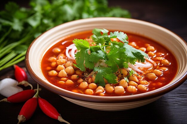 Closeup of a garnish of fresh cilantro on top of Pozole