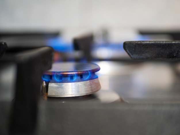 Closeup of a gas burner with burning gas Natural gas