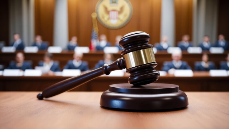 Photo a closeup of a gavel in a courtroom symbolizing law and justice