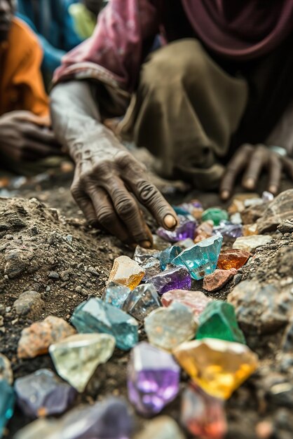 Photo closeup gemstones in the nature miners hands hold colorful rare gemstones in rugged terrain in remot