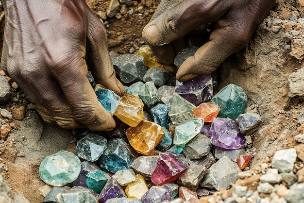 Photo closeup gemstones in the nature miners hands hold colorful rare gemstones in rugged terrain in remot