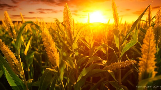 Closeup of genetically modified crops with the sun shining behind Generative AI