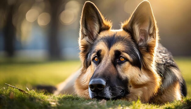 closeup of a german shepherd dog resting in a park