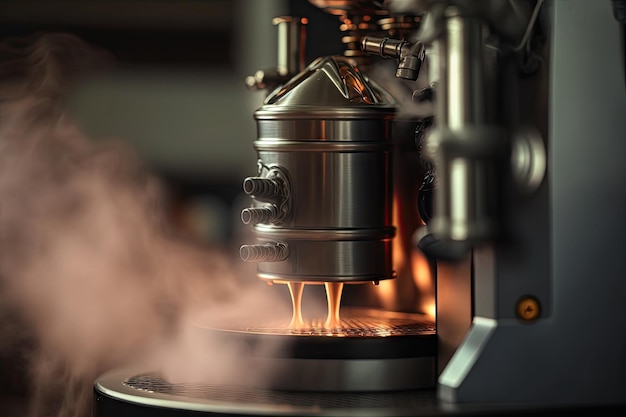 Closeup of geyser coffee maker showing the water being heated and steam rising