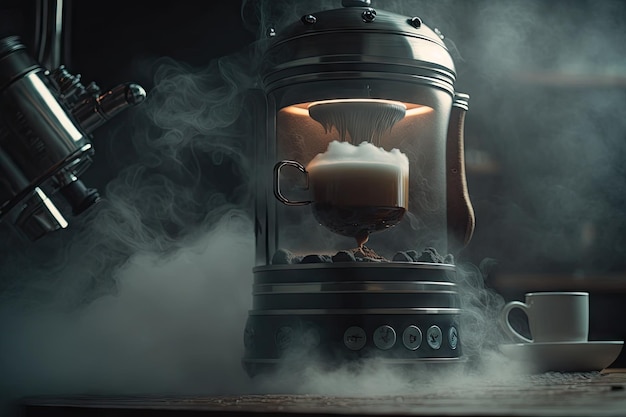 Closeup of geyser coffee maker with steam rising from the hot water