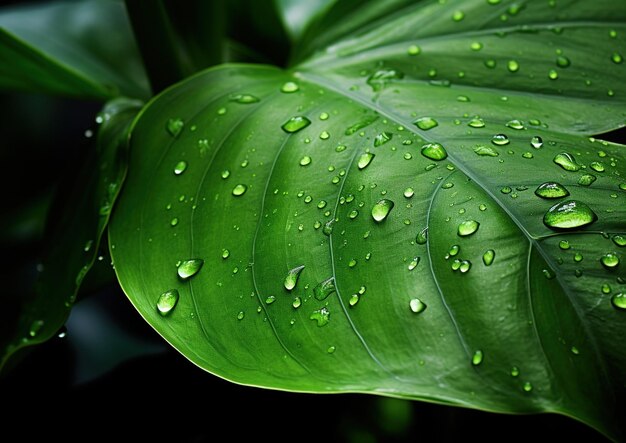 Closeup of a giant green leaf with water drops