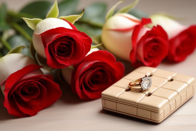 Closeup of gift box roses and wedding rings on calendar