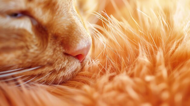 Photo a closeup of a ginger cats nose and whiskers the cat is sleeping soundly curled up in a ball of orange fur