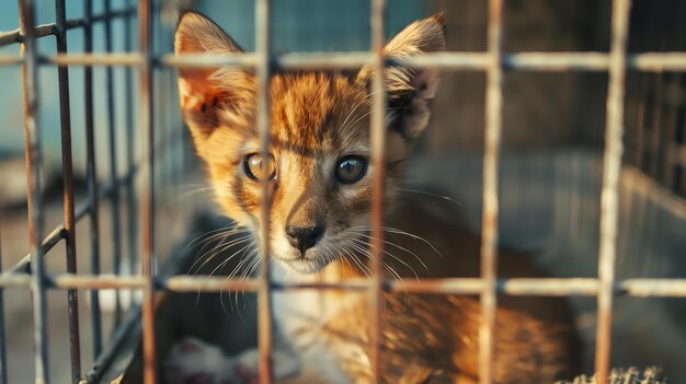 A closeup of a ginger kitten in a cage looking out at the world with wide eyes The kitten is hoping to be adopted into a loving home