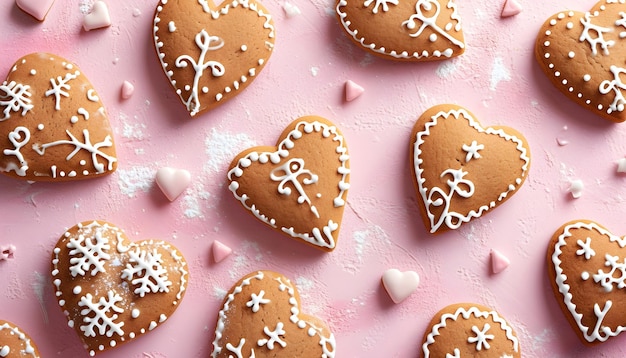 Closeup of gingerbread heart cookies with icing on pink table texture flat lay top view