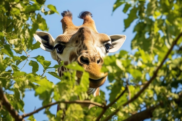 Closeup of a giraffe eating leaves from a tall tree