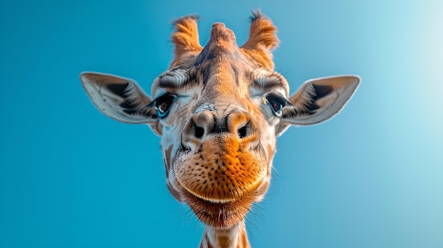 Closeup of a giraffe facing forward against a blue sky african wildlife in detail friendly giraffe portrait AI