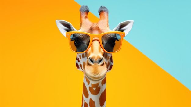 Closeup of a giraffe with orange glasses on an orange and green background