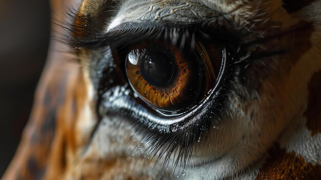 Photo closeup of a giraffes eye with long black eyelashes the eye is a deep golden brown color and is surrounded by dark brown fur