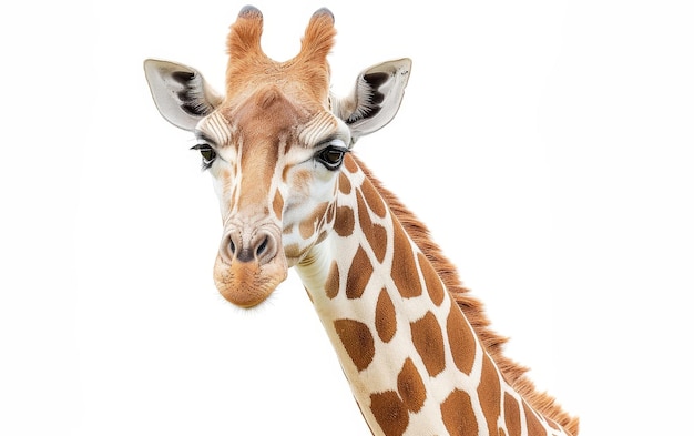 Closeup of a giraffes head and neck showcasing its intricate patterns large eyes and long eyelashes against a white background