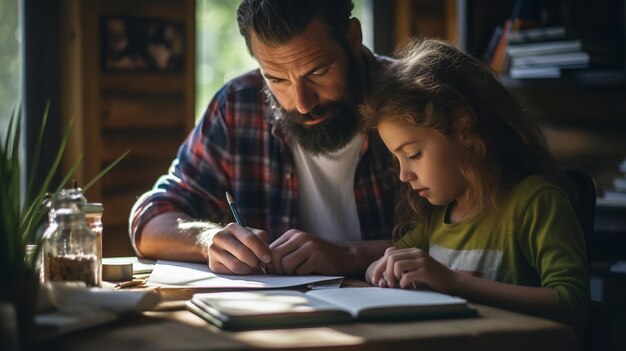 Closeup of a girl doing homework with her father