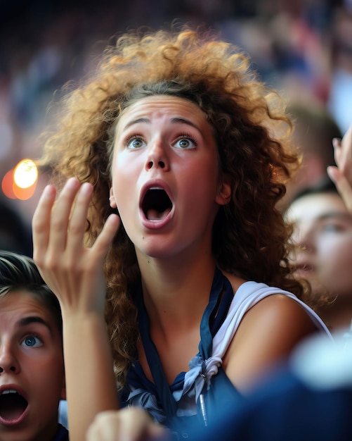 Foto un primo piano del volto di una ragazza fan che esprime un mix di nervo