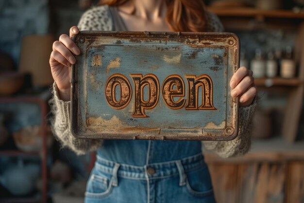 Closeup of a girl holding a sign with the inscription OPEN