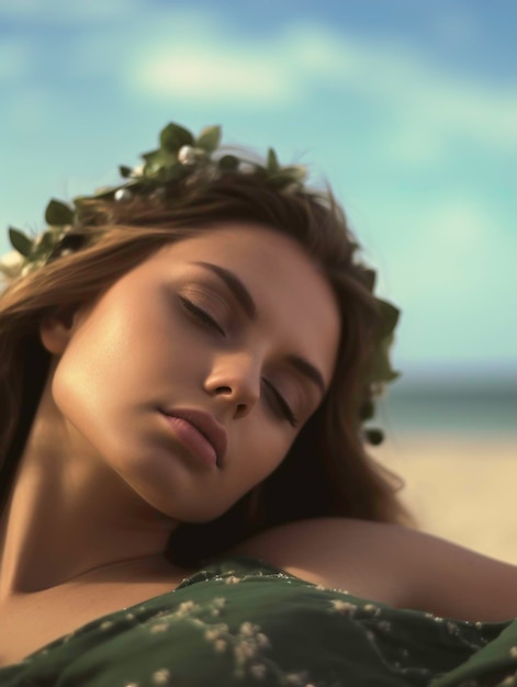 Closeup of a girl lying on the sand in a green bikini and a flower crown and closing her eyes