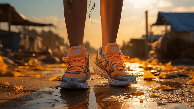 Photo closeup of a girl walking on the road in a sneaker