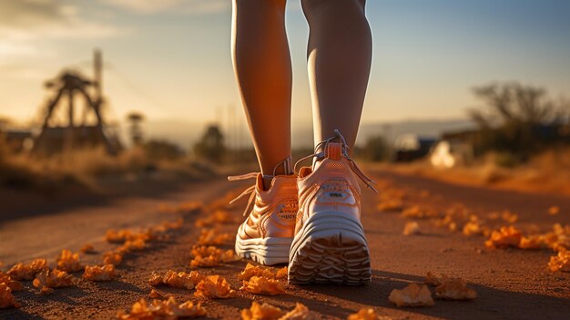 closeup of a girl walking on the road in a sneaker