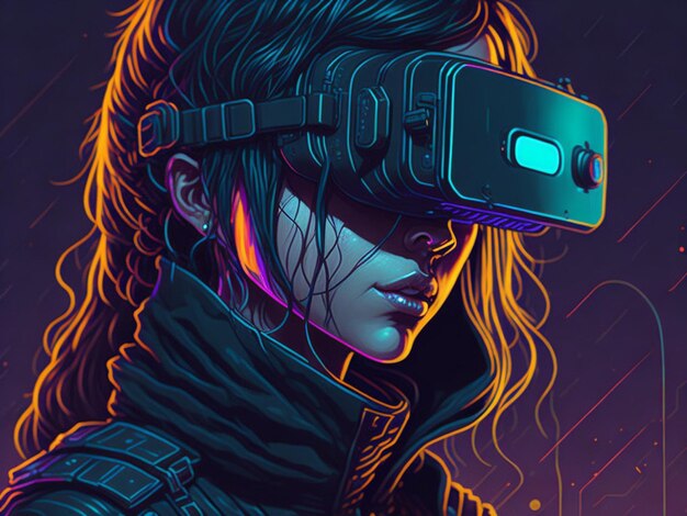 Closeup of girl wearing vr headset cyberpunk world of vibrant colors and retro