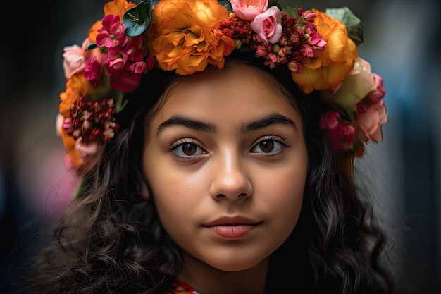 Closeup of girl with fresh and vibrant flowers in her hair