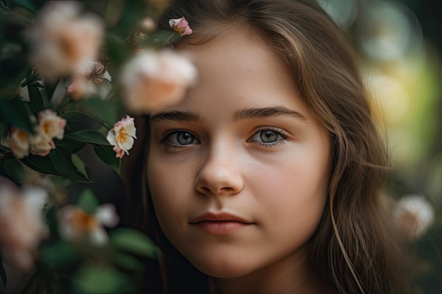 Closeup of girls face with blooms in the background