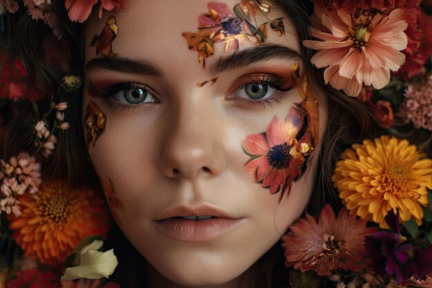 Closeup of girls face with a mix of different flowers blooming on her skin