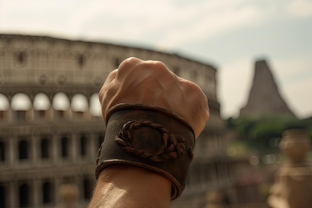 Foto primo piano dei gladiatori pugno chiuso con vista del colosseo sullo sfondo