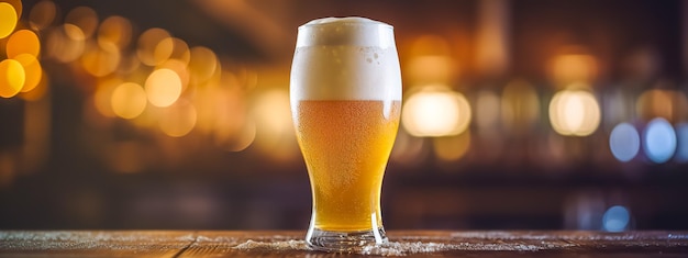 Closeup of a glass of beer crowned with a frothy head against the blurred warm lights of a bar