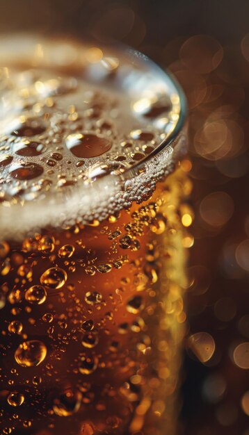 Closeup of a glass of beer with water drops on the surface