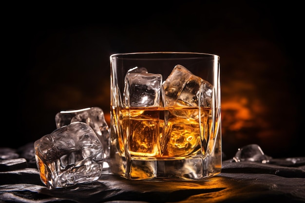 A closeup of a glass containing ice cubes and whisky