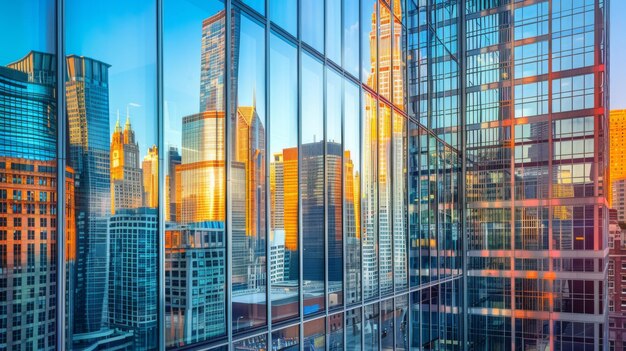 A closeup of a glass facade reflecting the surrounding cityscape capturing the architectural beauty of a modern highrise building