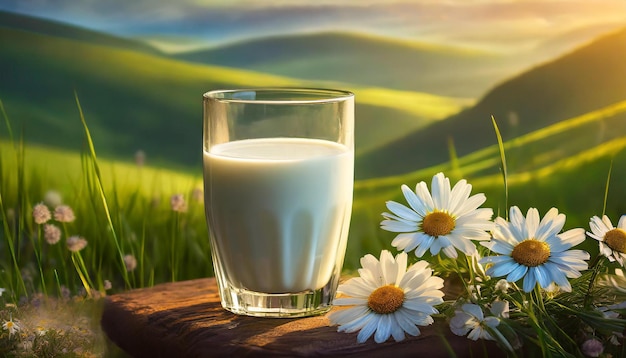 Closeup of glass of fresh milk green grass and daisies on background Tasty and healthy beverage
